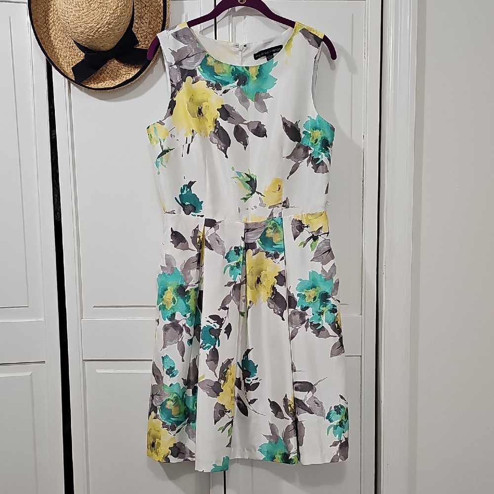 Madison Leigh Floral Midi Dress - White with Yellow and Green Missing Belt.